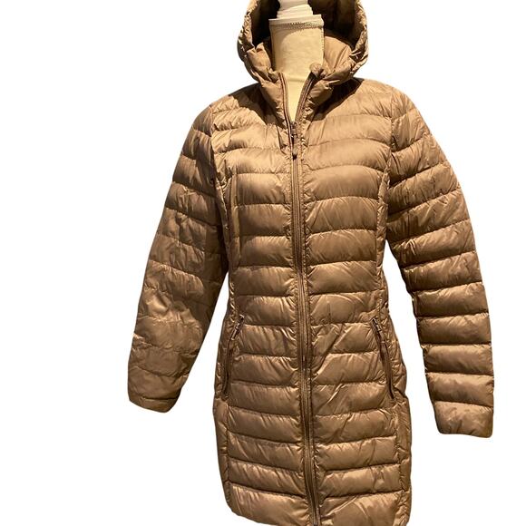 Down puffer jacket with hood long length Camel 3/4 length winter snow comfy warm - Picture 1 of 7